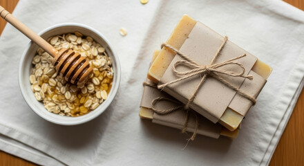 Homemade soap with oatmeal and honey displayed on a white cloth