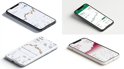 Four isometric smartphone mockups showcasing diverse financial app interfaces displaying stock market charts and data, emphasizing clean design and user-friendly layouts