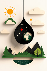 Papercut Earth inside black drop above nature scene