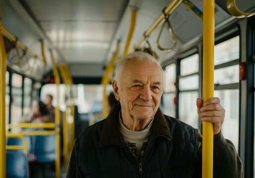 Fototapeta A smiling senior man holding onto a yellow pole while riding on a public transportation bus inside