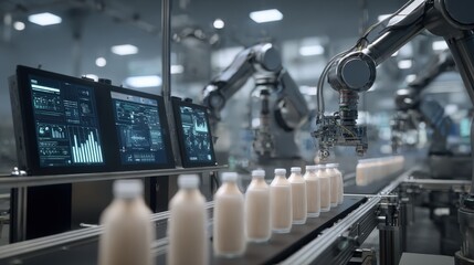 Fototapeta premium wide shot of a sleek, modern cosmetics production line with robotic arms filling and capping bottles of cream, screens showing AI dashboards monitoring the process, cinematic and ultra-realistic