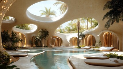 serene indoor swimming pool oasis with tropical foliage natural light and architectural fluidity creating a luxurious and tranquil resort atmosphere and relaxing hideaway