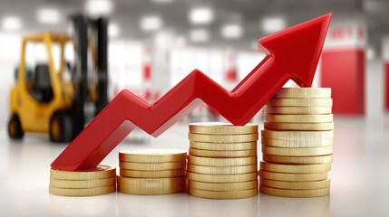 Ascending red arrow above stack of coins, visualizing financial growth and investment success.
