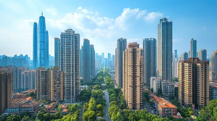 a vibrant cityscape panorama showcasing towering skyscrapers against a clear blue sky with fluffy clouds emphasizing the harmony between urban architecture and nature's beauty