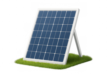 Photovoltaic panel is standing on green grass, converting sunlight into clean energy, on a transparent background
