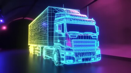Neon wireframe semi-truck in a tunnel - Powered by Adobe