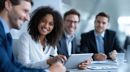 Young professionals sitting at conference table, pointing at tablet screen, happy discussion in bright office,