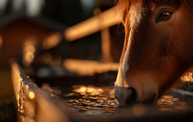 Brown Horse Drinking Water at Sunset in a Rustic Wooden Trough