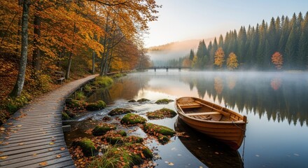 Wooden boat moored beside boardwalk in calm autumn forest lake