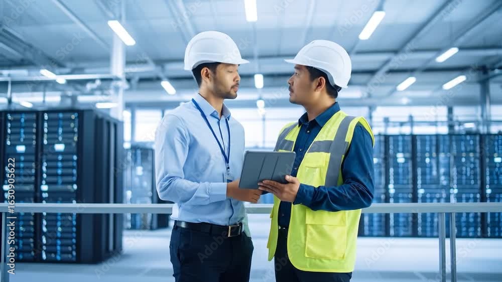 Poster tech professionals examining data server racks in modern data center facility.