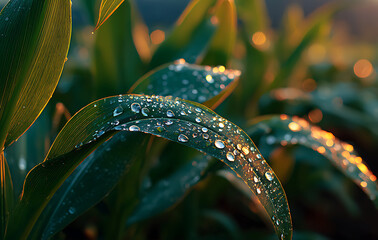 Close up of Dew Covered Green Leaves at Sunrise