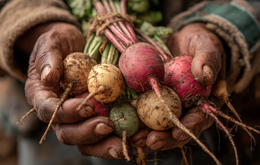 Close up of Dirty Hands Gently Holding a Small Bunch of Freshly Harvested Colorful Radishes