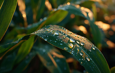 Close Up of Dew Drops on Lush Green Leaves at Sunrise