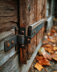 Close up of Rusty Hinge on Aged Wooden Door with Autumn Leaves