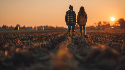 Couple Walking in Field at Sunset
