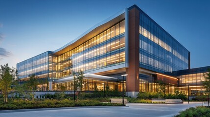 Obraz premium illuminated glass facade of a modern corporate building reflecting the twilight sky offering a glimpse into the bustling activity within its spacious office