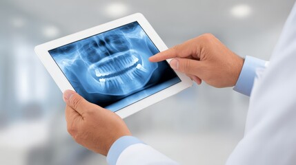 Medical professional in a white coat meticulously analyzing digital spinal xray on modern tablet for an accurate diagnosis in clinical setting.