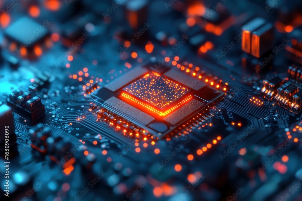 Poster a close up shot of a computer chip with orange lights on a blue circuit board in a dark setting