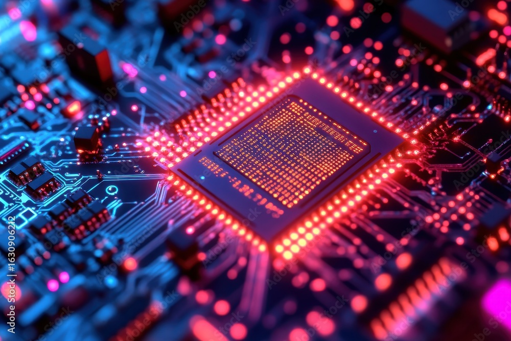 Poster a close up view of a computer chip with red and blue lights illuminating the intricate circuit patte