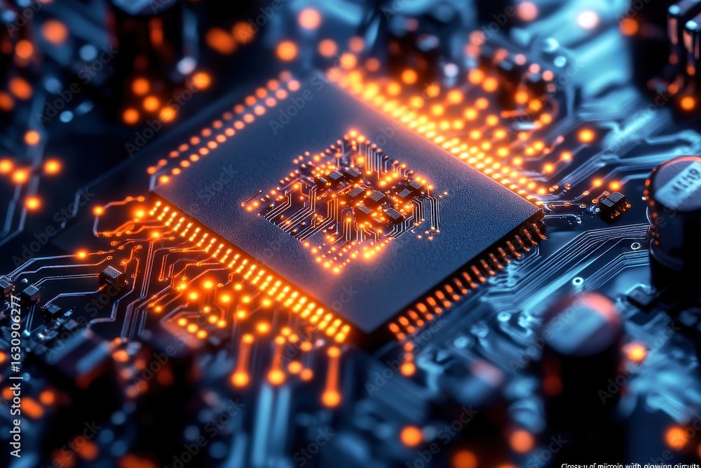 Poster close up of a glowing microchip with intricate circuits and orange lights on a dark blue background