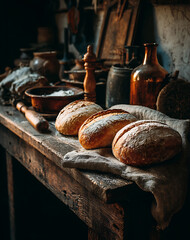 Golden Brown Artisan Breads on Rustic Wooden Table