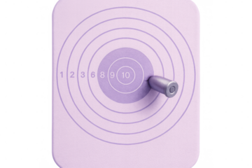 Silver bullet aimed at the bullseye of a purple target, representing precision and accuracy, against a clear backdrop