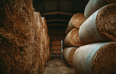 Golden Hay Bales Stacked in Rustic Barn Interior