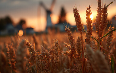 Golden Wheat Field at Sunset with Windmill in Background
