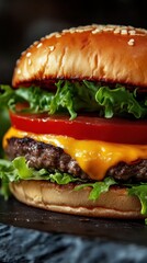 Close up view of a delicious sesame seed burger with lettuce tomato and cheese on a dark surface