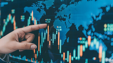 Analyst pointing at global financial market stock data on screen