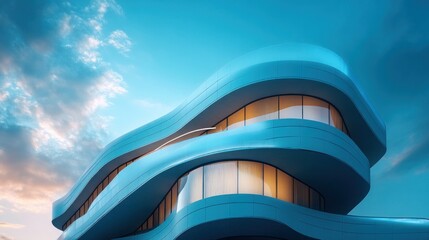 Fototapeta premium a futuristic building featuring curvilinear architecture and blue tones evokes a sense of modern design and serene innovation against a backdrop of soft sky gradients