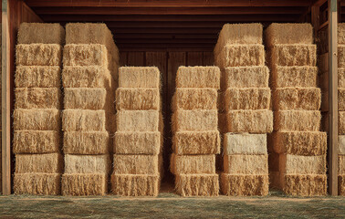Neatly Stacked Golden Hay Bales in a Rustic Barn