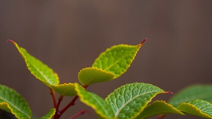 The close-up image shows several bright green leaves with serrated edges and soft red tips.