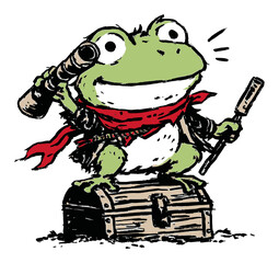Cheerful Frog Adventurer with Spyglass and Treasure Chest in Illustration