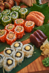 An Exquisite Assortment of Sushi Rolls Showcasing Vibrant Colors and Fresh Ingredients, Perfectly Arranged on a Wooden Platter