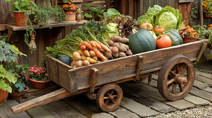 Rustic Wooden Cart Filled with Colorful Autumn Harvest Vegetables