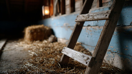 Rustic Wooden Ladder in a Dimly Lit Barn Interior