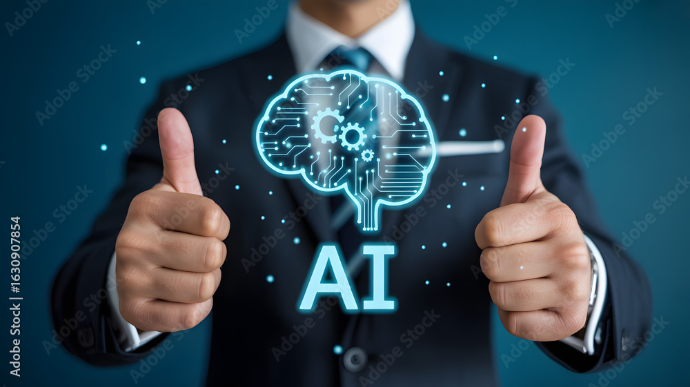 Aufkleber man gives thumbs up with glowing ai brain graphic and data points