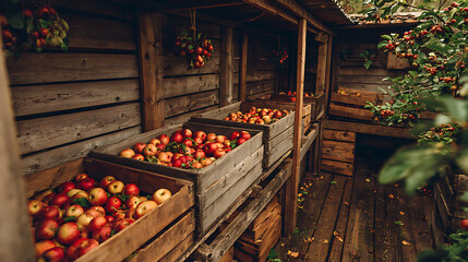 Rustic Wooden Shed Filled with Crates of Red Apples