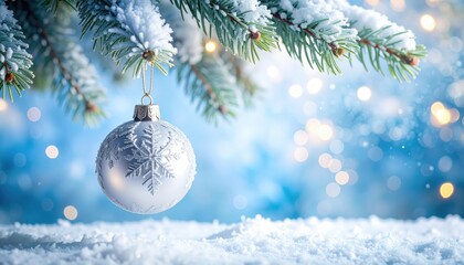 Christmas ornament hanging from snowy pine branch with blurred background.