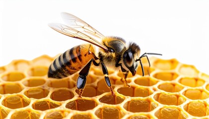 Close-up of a bee on a honeycomb cell.