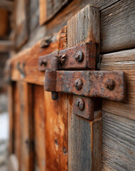Rusty Metal Hinge on Aged Wooden Door