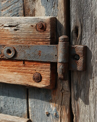 Rusty Metal Hinge on Weathered Wooden Door