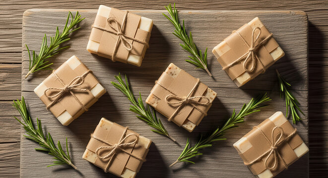 Handmade soaps wrapped with paper and string on wooden surface top view