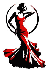 Fototapeta premium Elegant Woman in Red Dress with Flowing Skirt in Art Illustration Style