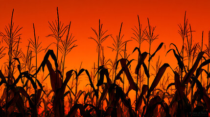 Silhouette of Corn Plants at Sunset, Pixel Art Style