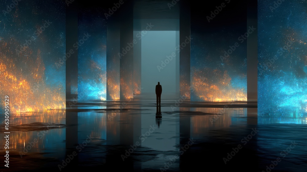 Poster a figure stands alone in a surreal, illuminated space with vibrant colors and reflections, creating 
