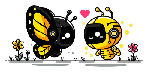 Obraz premium Cute Cartoon Butterfly and Robot Characters with Flowers and Love Heart