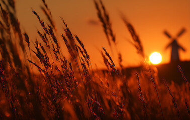 Sunset Silhouette of Windmill in Field of Orange Grass