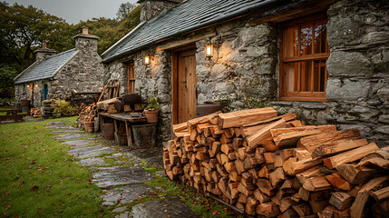 Stone Cottage with Woodpile on a Rainy Day